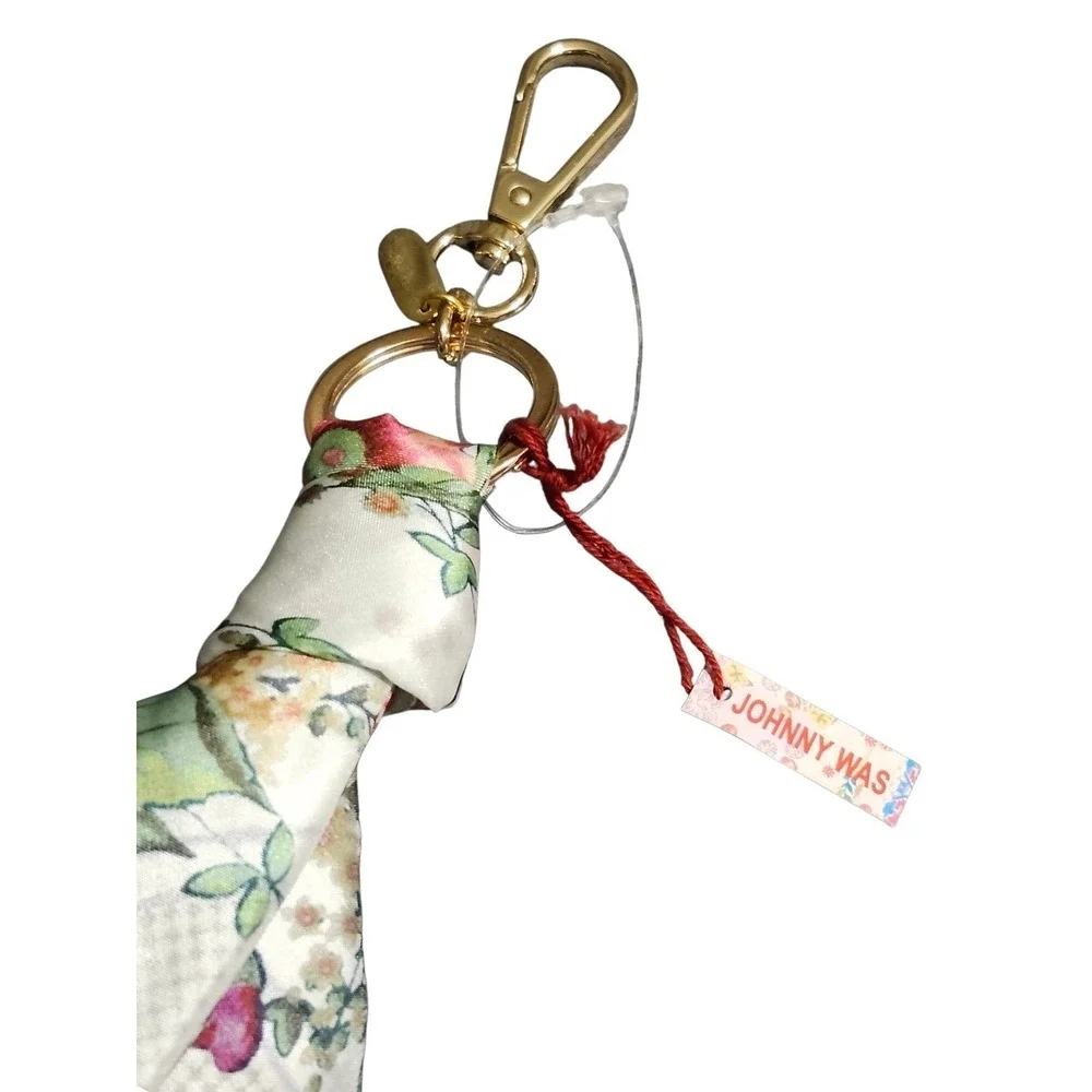 Johnny Was Zoila Silk Scarf Keychain Bag Charm NWT Floral Cream Polka‎ Dot